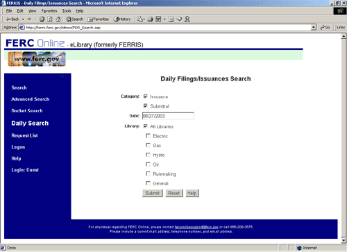 eLibrary Daily Filings/Issuances Search screenshot