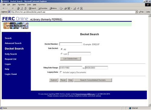 eLibrary Docket Search screenshot