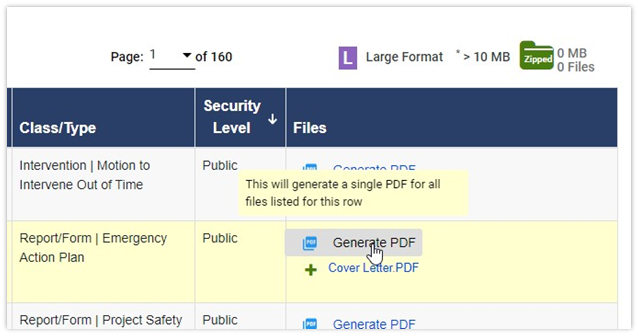 PDF file and download documents for an individual accession number by hovering over the accession number and selecting Generate PDF & Download