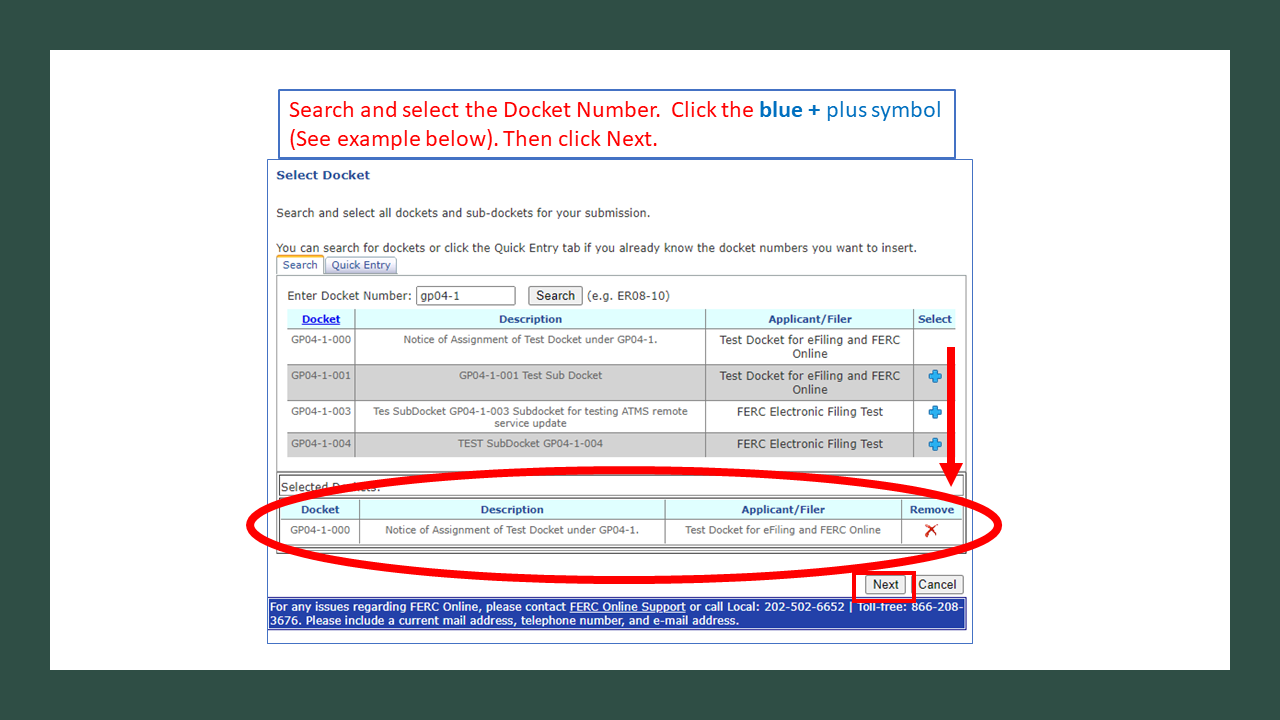 Search and select the Docket Number.  Click the blue + plus symbol (See example below). Then click Next. 