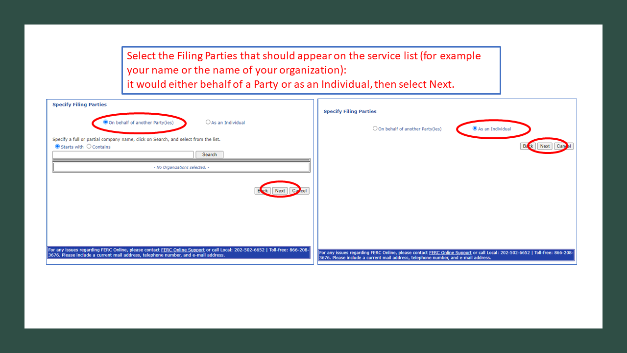 Select the Filing Parties that should appear on the service list (for example your name or the name of your organization):  it would either behalf of a Party or as an Individual, then select Next. 
