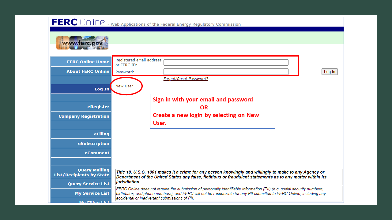 Sign in with your email and password OR Create a new login by selecting on New User.