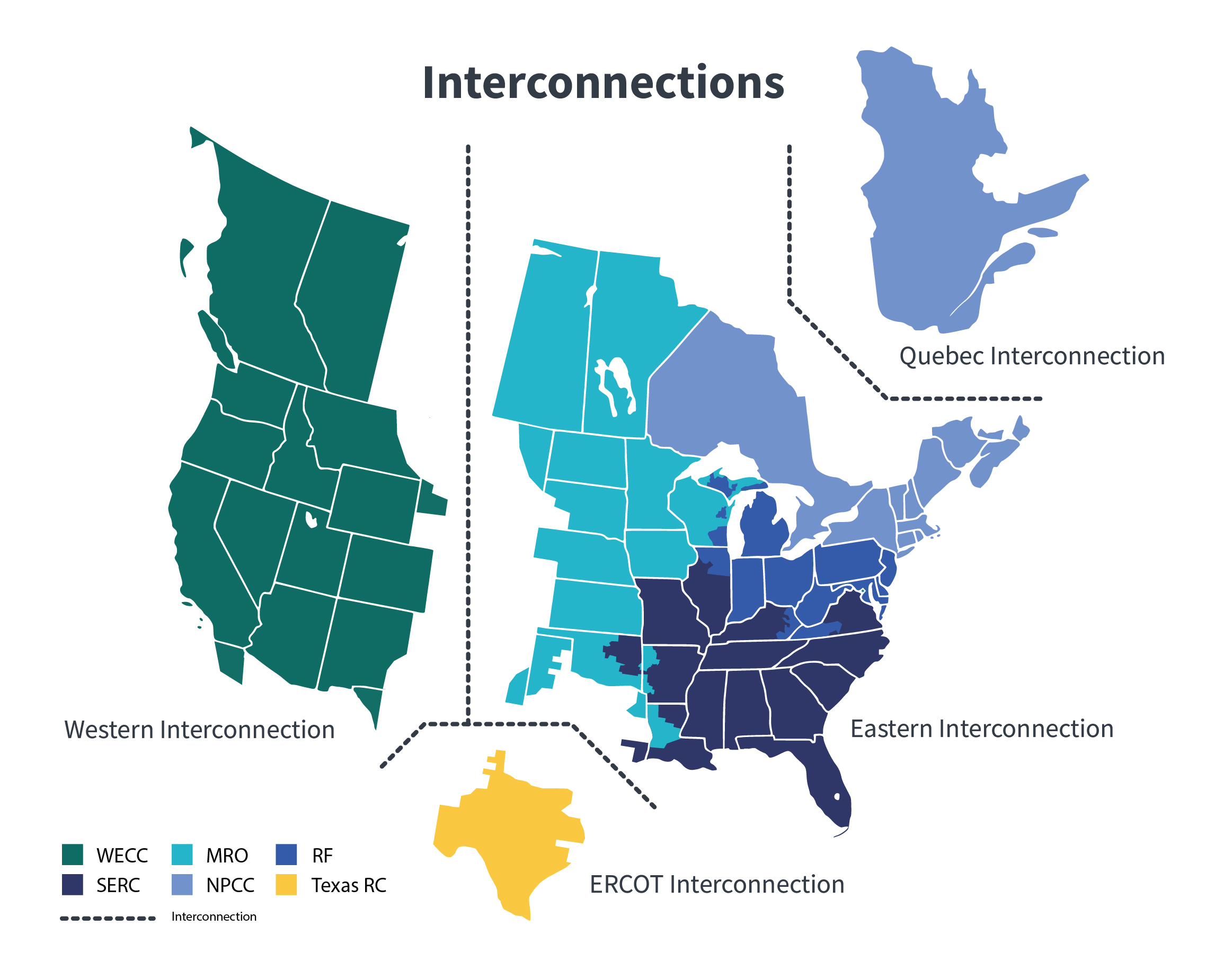 Map of north america with colored areas for NERC 