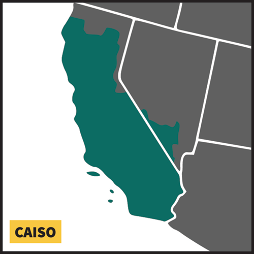 Map focused on the California Independent Service Operator (CAISO) area. The CAISO operates the majority of California and a portion of southern Nevada. 