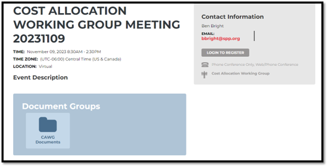Image of a screen clip illustrating an example from an SPP working group meeting displaying the event details. 