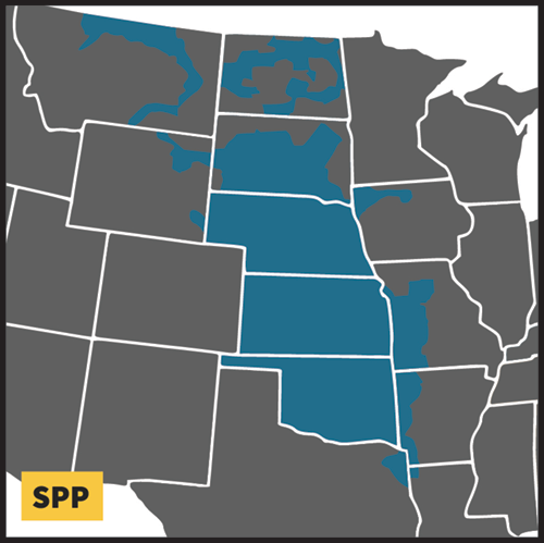 Map of SPP areas, which include Oklahoma, Kansas, Nebraska, and parts of South Dakota, North Dakota, Montana, Missouri, Arkansas, and Texas.