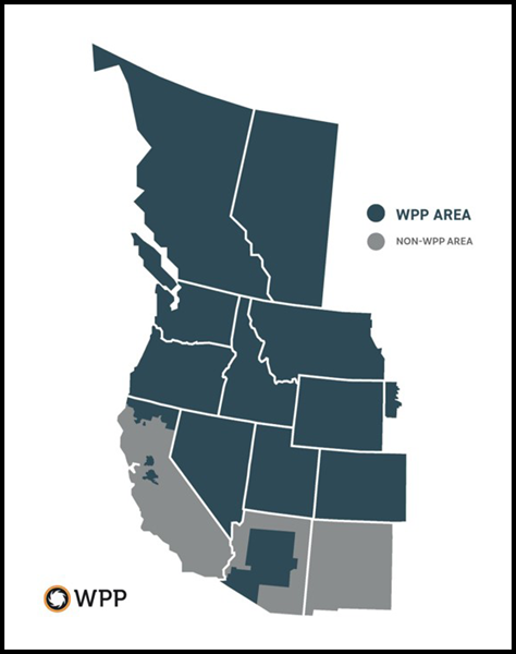 Map shows the area in which the WPP acts as a facilitator. The highlighted area includes all of British Columbia, Alberta, Washington, Oregon, Idaho, Wyoming, Colorado, Utah, and Nevada; parts of California, Arizona, Montana, and South Dakota. The rest of the map includes areas that are labeled as the non-WPP area: New Mexico and parts of California and Arizona.