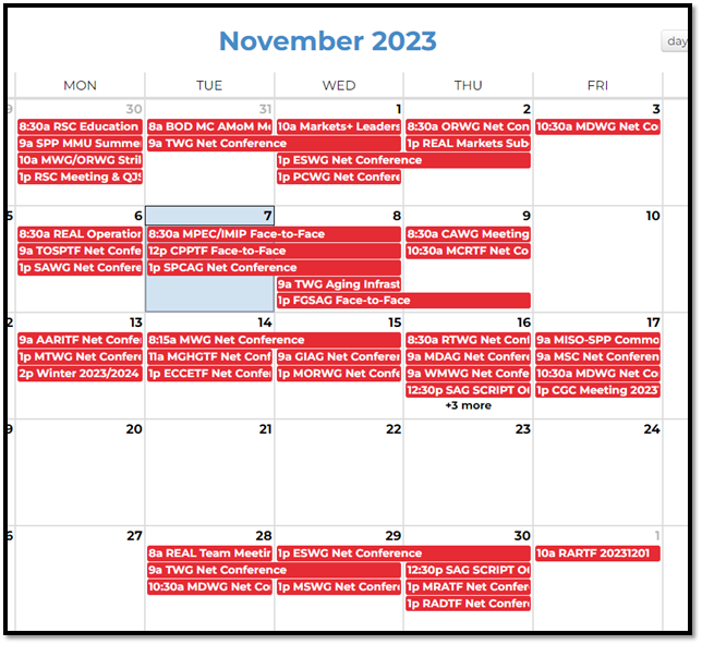 Calendar image sample of a monthly events calendar on the SPP website for the month of November 2023. The calendar shows clickable events on the day with the time. 