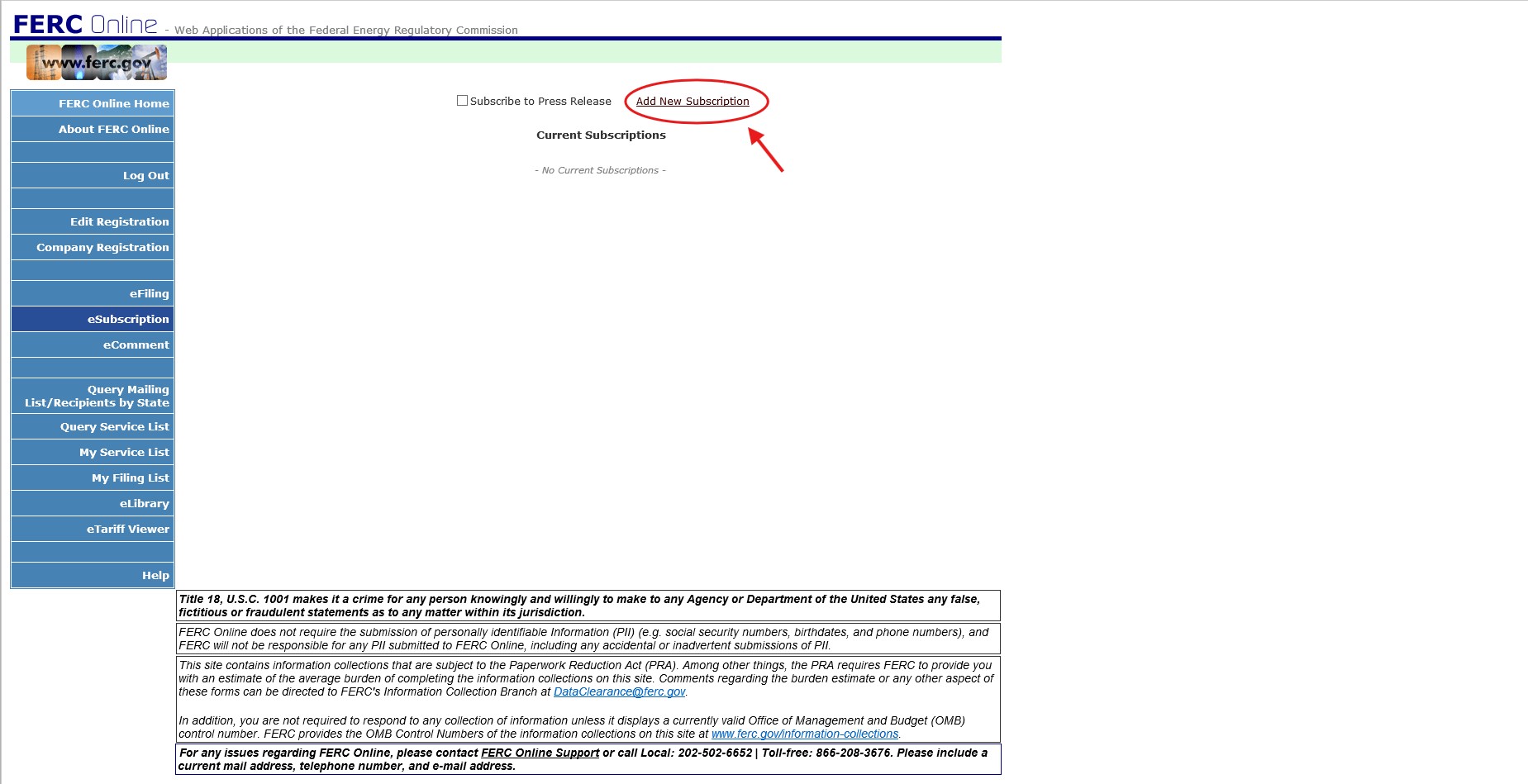Screenshot of eSubscribe webpage with "Add New Subscription" circled 