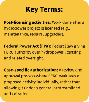 Key Terms: Post-licensing activities: Work done after a hydropower project is licensed (e.g., maintenance, repairs, upgrades).   Federal Power Act (FPA): Federal law giving FERC authority over hydropower licensing and related oversight.   Case-specific authorization: A review and approval process where FERC evaluates a proposed activity individually, rather than allowing it under a general or streamlined authorization. 